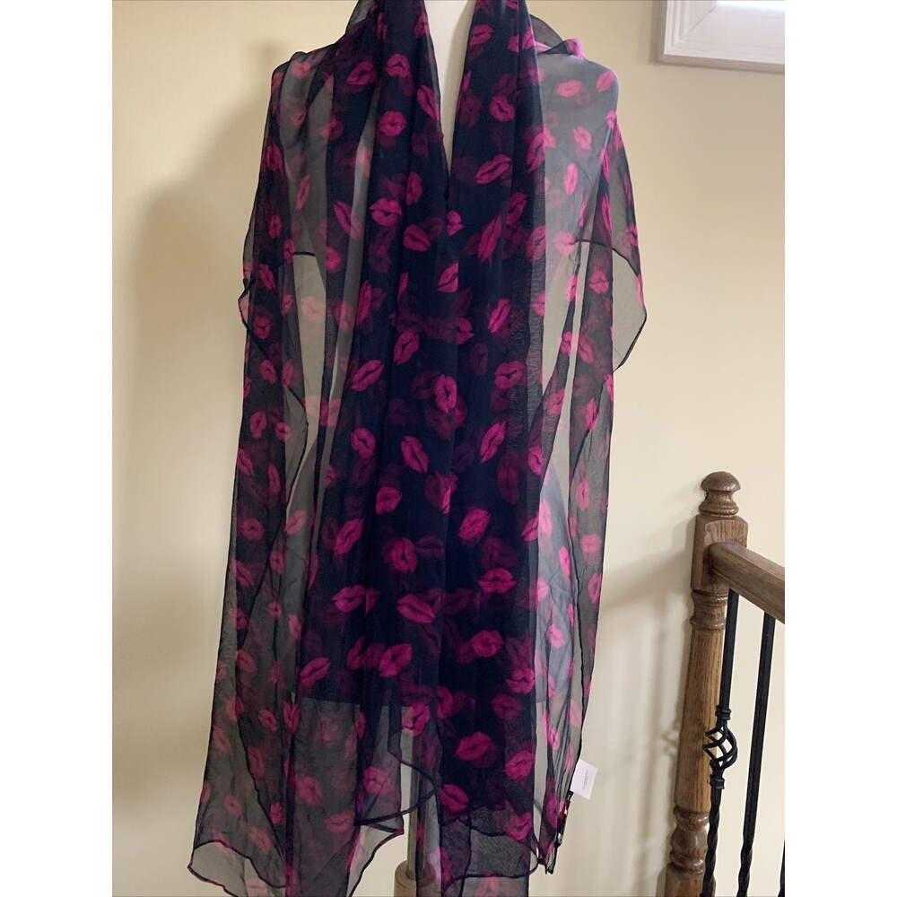 DKNY Silk Scarf Wrap Sheer Lips Black Pink 80 X 50 Rectangle Large